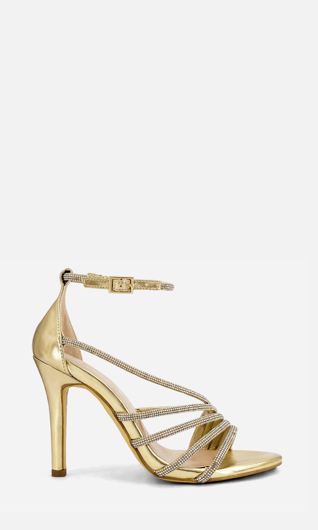 ADARA ZAPATILLAS DE AGUJA PARA VESTIDO LARGO CON PULSERA TOBILLERA Y CINCO STRAPS DELGADOS AL FRENTE