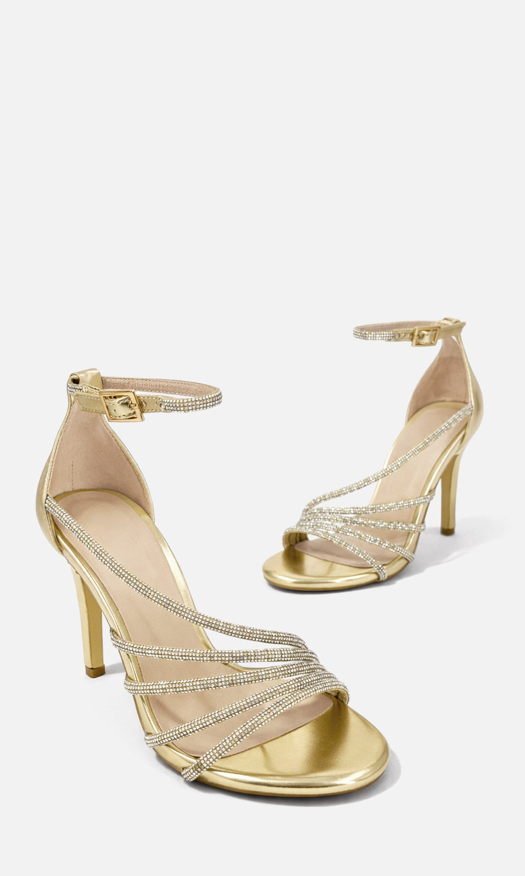 ADARA ZAPATILLAS DORADAS CON TACON DE AGUJA 10 CM CONFECCIONADAS EN VINIPIEL Y BRILLOS EN STRAPS AL FRENTE CON HEBILLA METALICA EN PULSERA