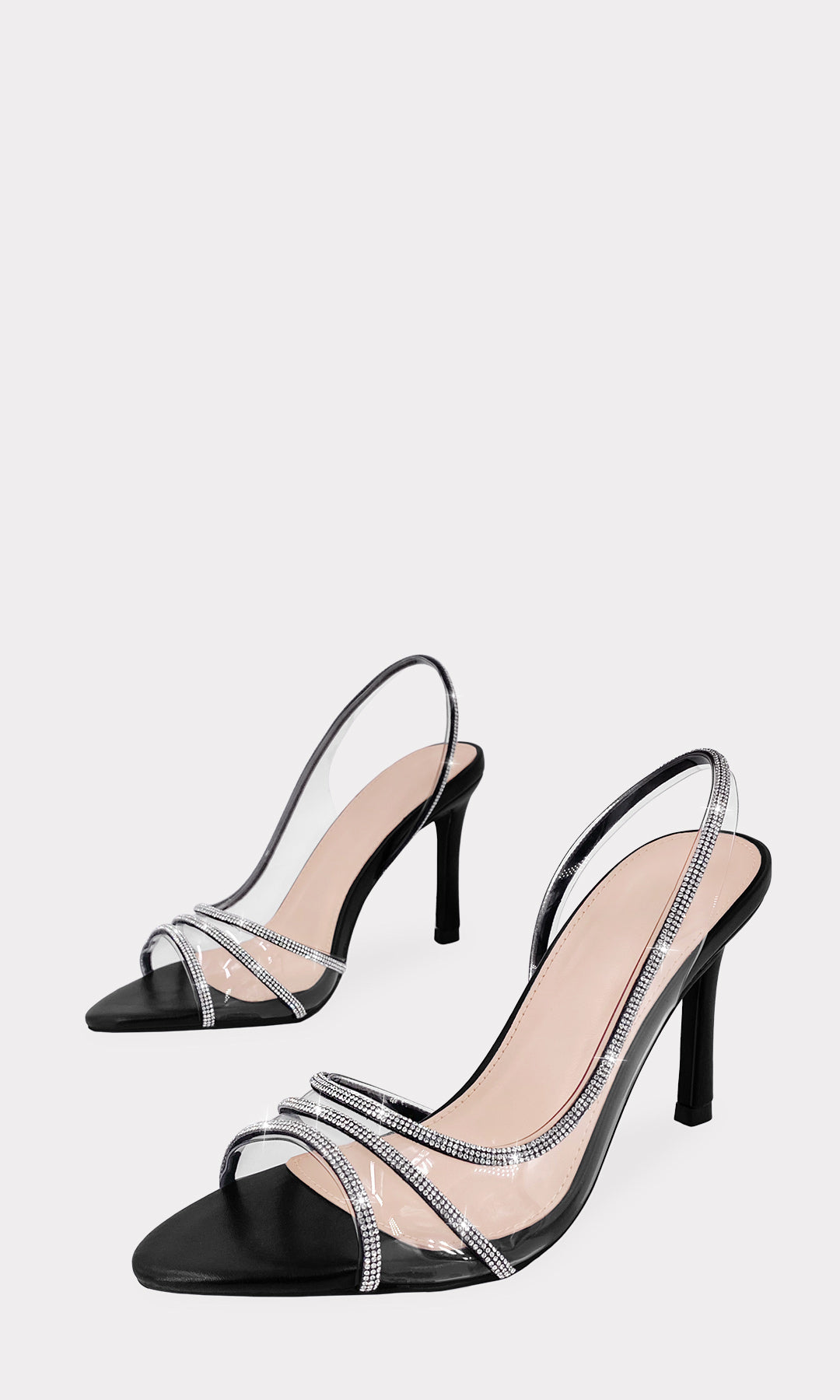 AIMEE ZAPATILLAS NEGRAS CONFECCIONADAS EN VINIPIEL CON STRAPS DE MICA TRANSPARENTE Y BRILLOS DE TERMINACION POINTY PARA VESTIDOS DE NOCHE