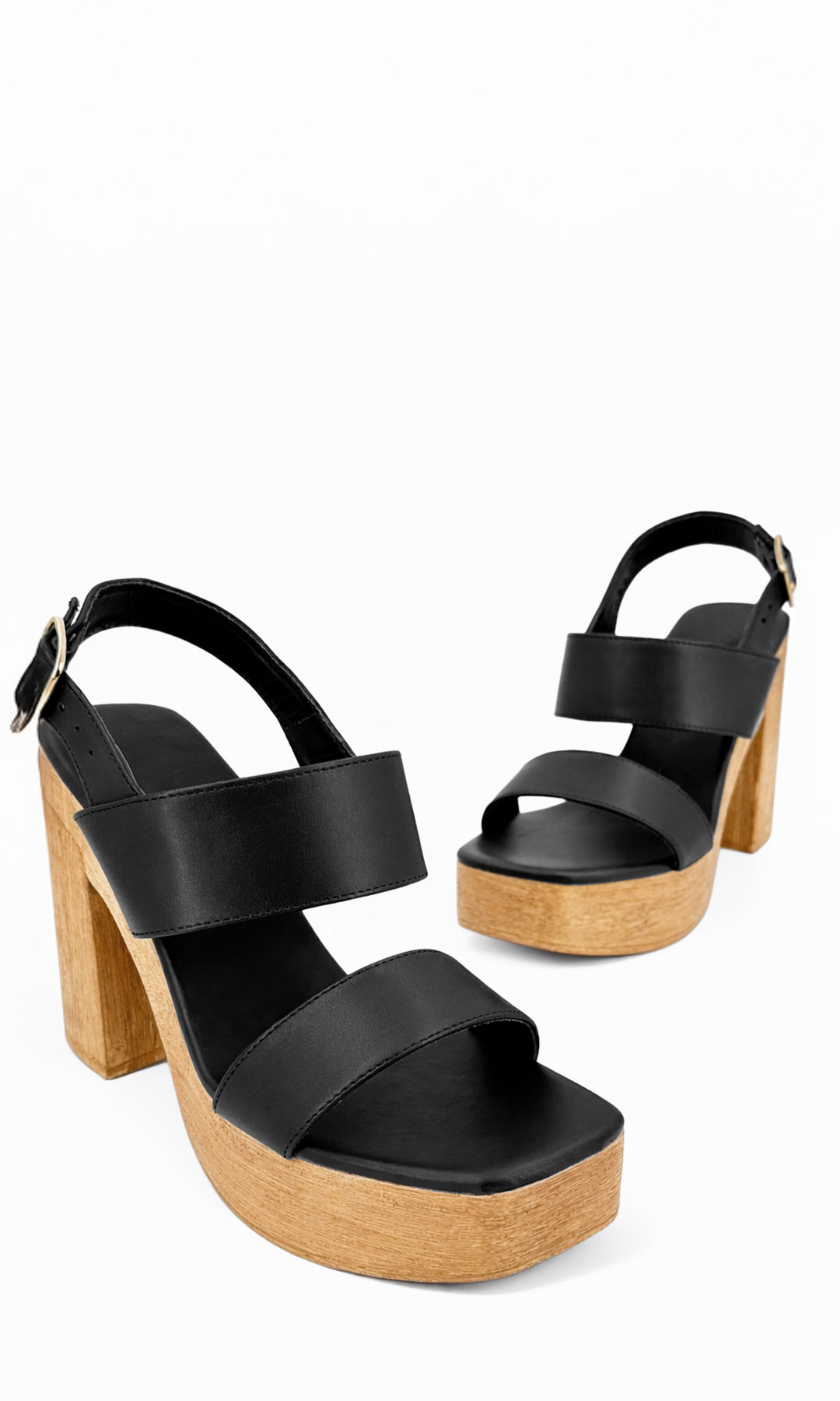 AMALFI SANDALIAS NEGRAS DE EFECTO MADERA EN PLATAFORMA DE 3.5  CM Y TACON CUADRADO DE 11.5 CM CON DOS STRAPS AL FRENTE PARA USAR EN DIAS SOLEADOS