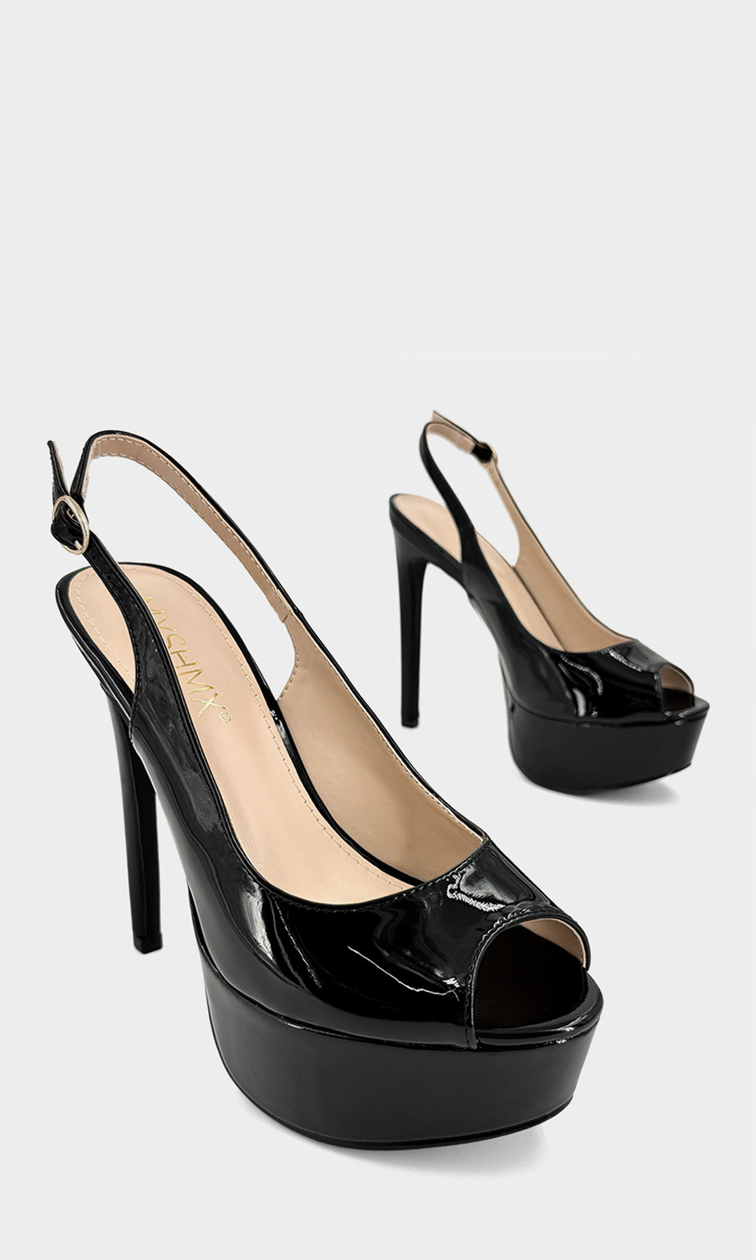 AMANDA ZAPATILLAS NEGRAS ABIERTAS ACABADO DE CHAROL CON HEBILLA EN CINTA DELGADA TALONERA CON PLATAFORMA 4 CM Y TACON ALTO DE AGUJA 13.5 CM 