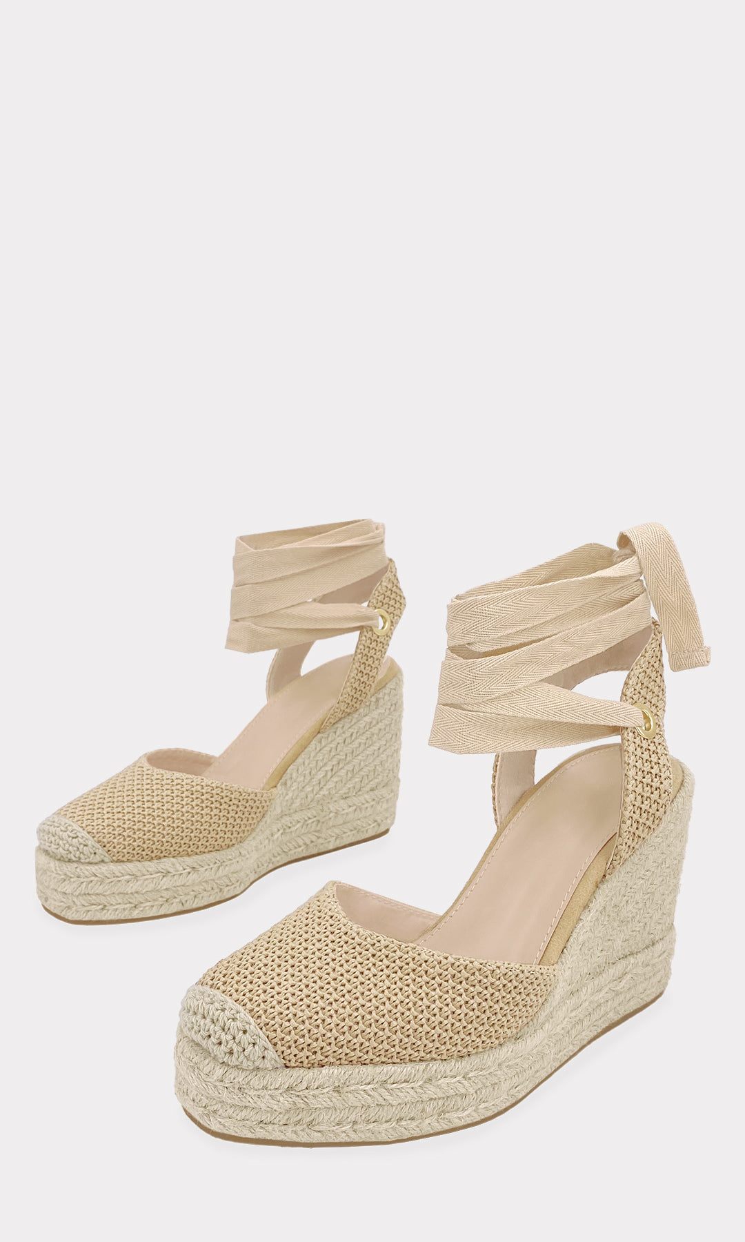 AMELIE ALPARGATAS NUDE CON PLATAFORMA DE 3 CM DE PUNTA ALMENDRADA HECHAS EN YUTE SINTETICO Y LACE-UP TEXTIL PARA USAR EN PRIMAVERA-VERANO