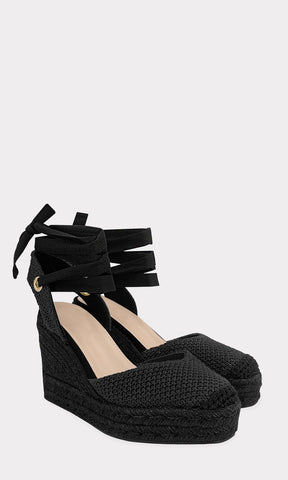 AMELIE ZAPATILLAS NEGRAS CONFECCIONADAS EN YUTE SINTETICO CON TACON CORRIDO DE 10 CM DE PUNTA ALMENDRADA Y LACE-UP AJUSTABLE PARA MUJER FASHION