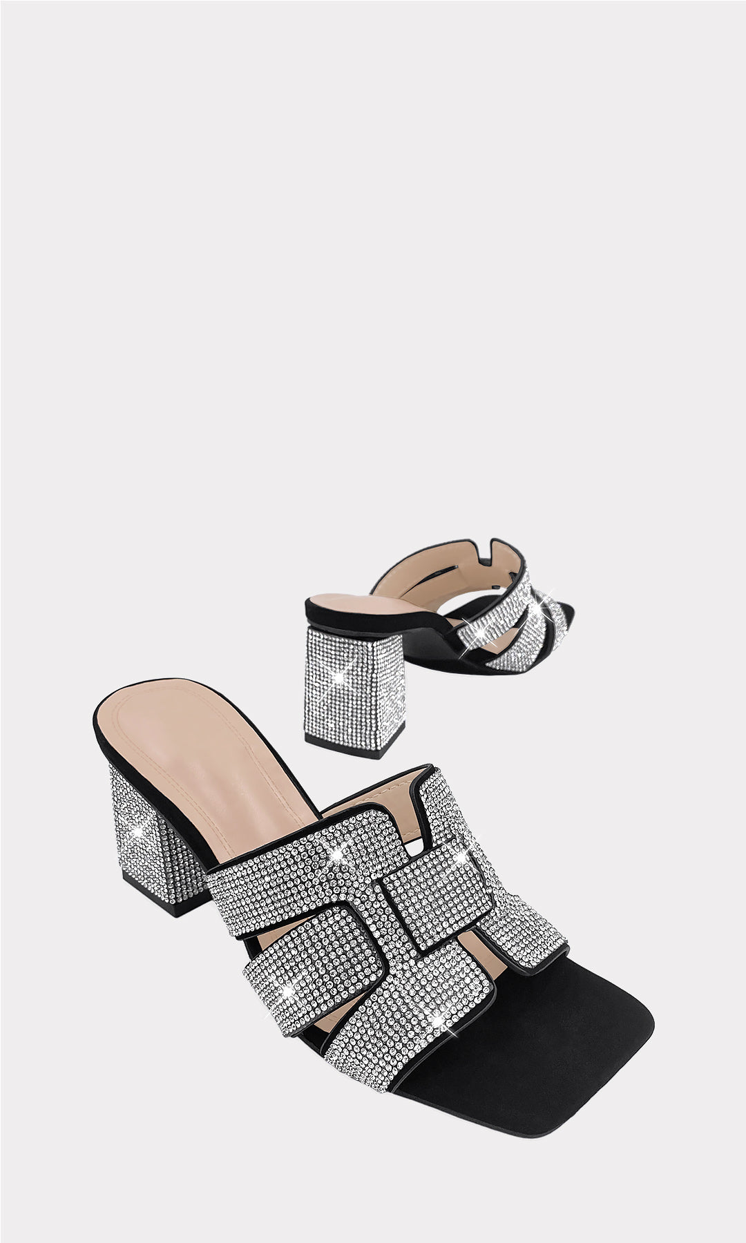 AMELISSE SANDALIAS NEGRAS CONFECCIONADAS EN NUBOCK CON BRILLOS EN TACON CUADRADO DE 7.5 CM Y CINTA ANCHA AL ESTILO HERMES PARA DAMA 