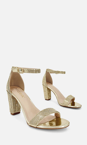 ANASTASIA SANDALIAS DORADAS DE CHAROL CON BRILLOS EN TIRA ARRIBA DE LOS DEDOS Y EN PULSERA TOBILLERA CON TACON CUADRADO DE 9 CM 