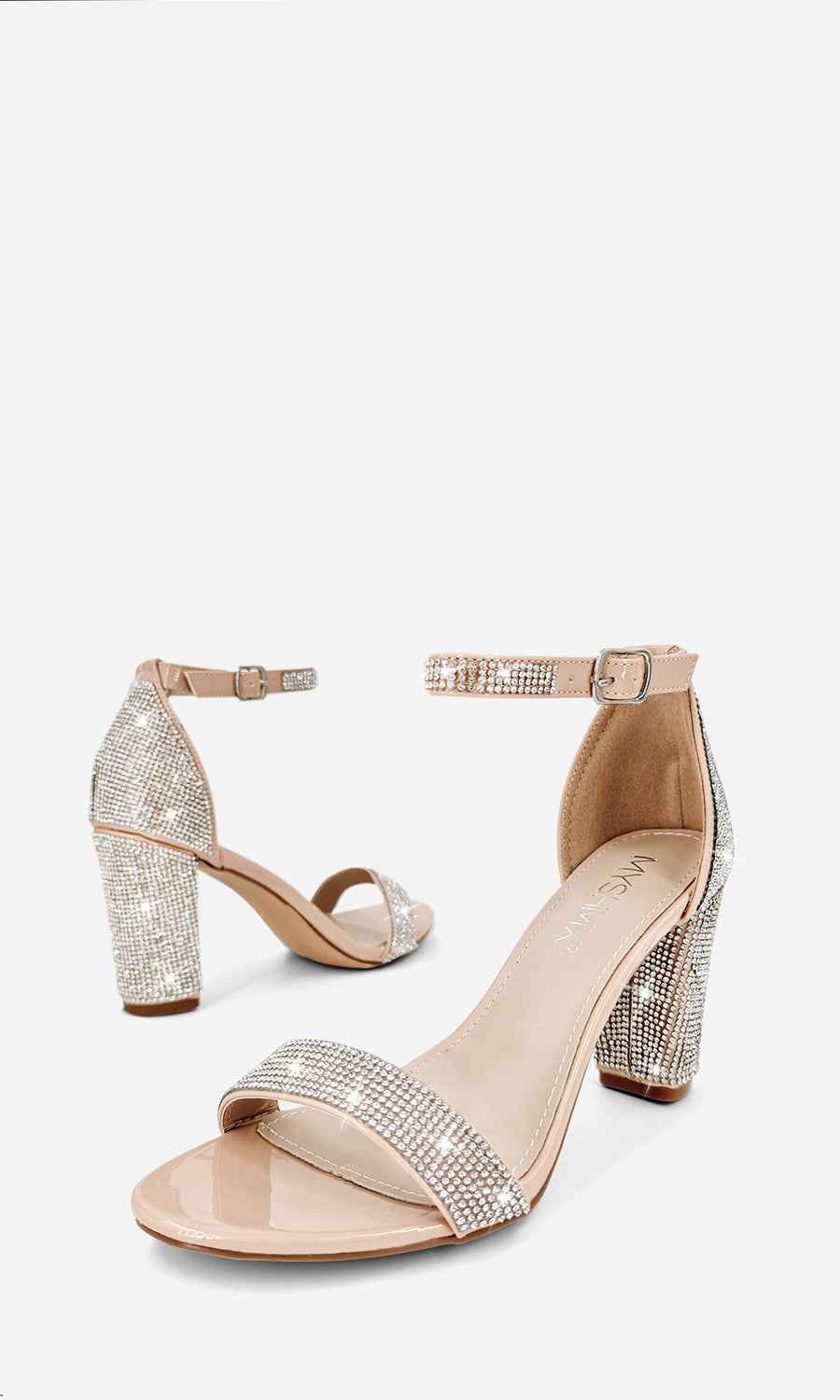 ANASTASIA ZAPATILLAS COLOR NUDE DE BRILLOS EN TACON GRUESO PARA USAR CON VESTIDO CORTO Y JOYERIA DORADA COMO BRAZALETE