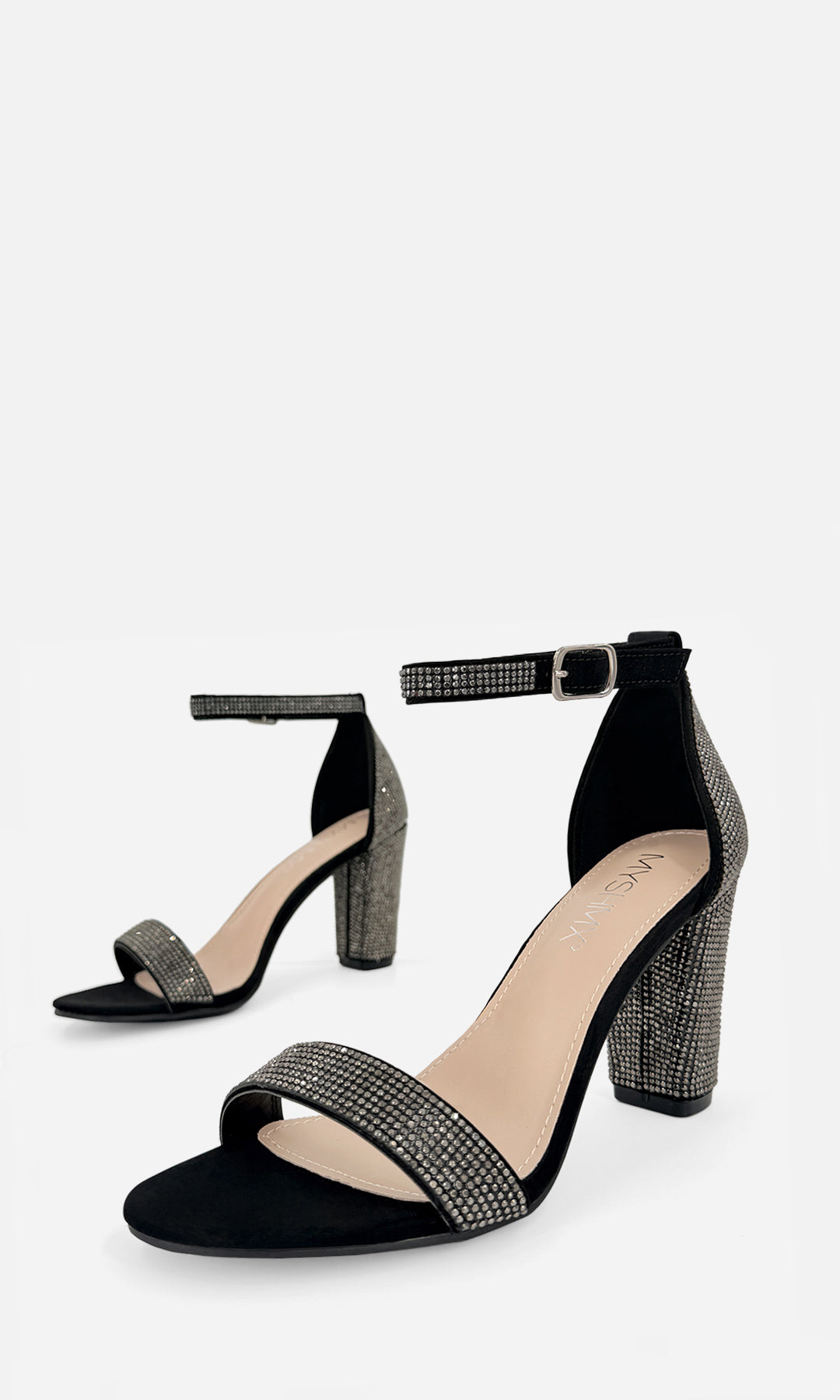 ANASTASIA ZAPATILLAS NEGRAS DE TACÓN ALTO 9 CM CON BRILLOS EN STRAP ARRIBA DE LOS DEDOS Y EN PULSERA TOBILLERA CONFECCIONADAS EN NUBOCK 