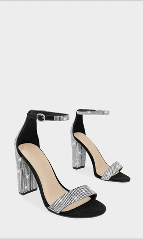 ARANZA ZAPATILLAS ABIERTAS NEGRAS CONFECCIONADAS EN GAMUZA CON BRILLOS EN TACON GRUESO DE PUNTA ALMENDRADA Y HEBILLA METALICA EN PULSERA TOBILLERA 