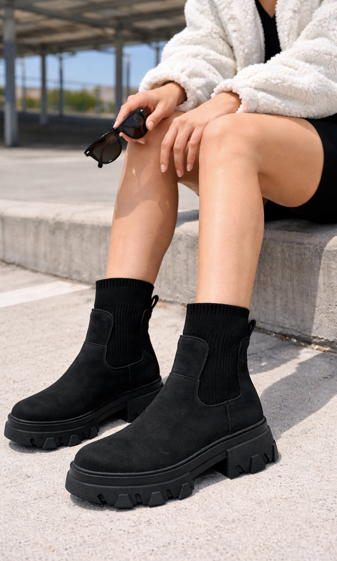 ASHTON CHICA USA BOTINES NEGROS DE SUELA TRACK CON SHORT BIKER CORTO Y CHAMARRA BLANCA ENCIMA DE TOP CON GAFAS DE SOL