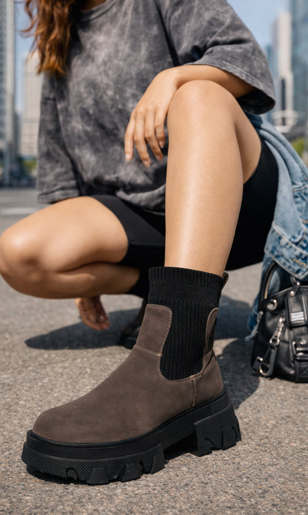 ASHTON STREET STYLE LOOK USANDO BOTINES CAFES DE SUELA TRACK CON SHORT NEGRO BIKER CON PLAYERA GRIS CON DISEÑO TIE DYE Y CHAMARRA DENIM
