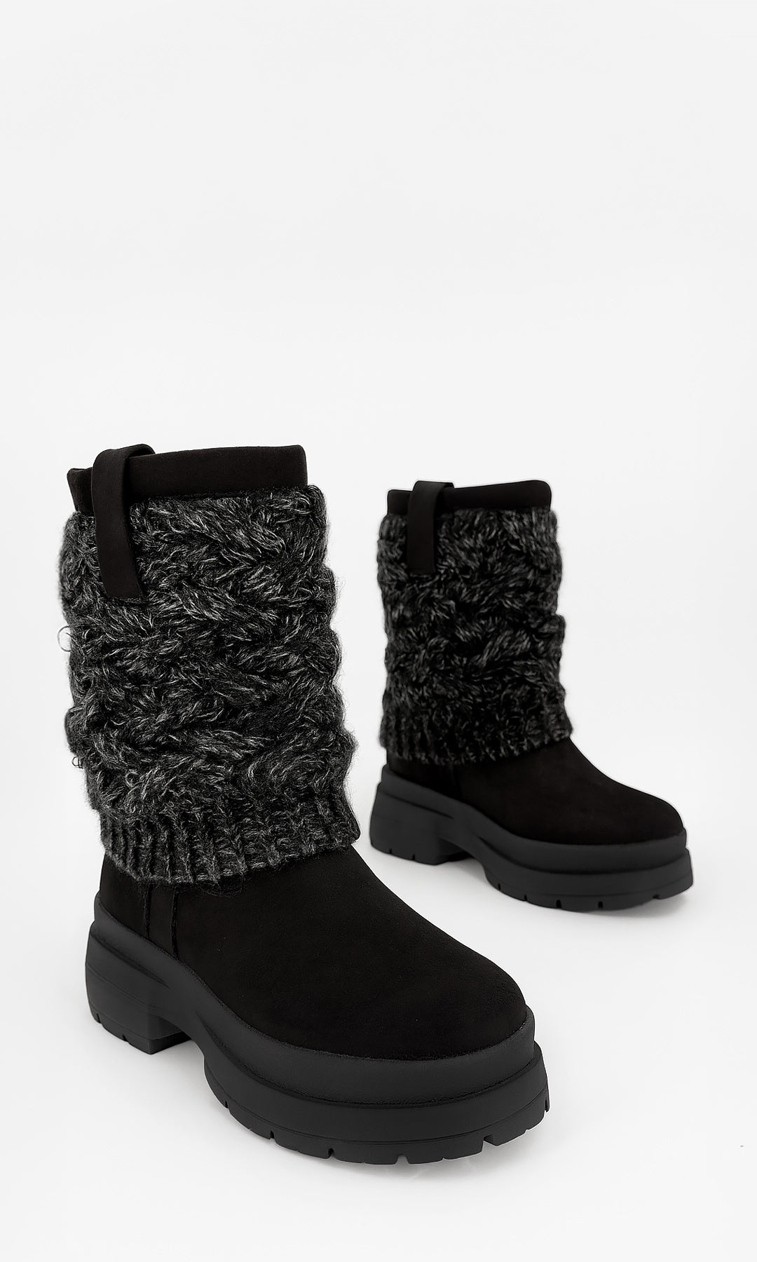 ASPEN BOTA NEGRA DE GAMUZA CON CAÑA TEJIDA Y SUELA GRUESA 4 CM TIPO TRACK ESTILO INVERNAL PARA MUJER