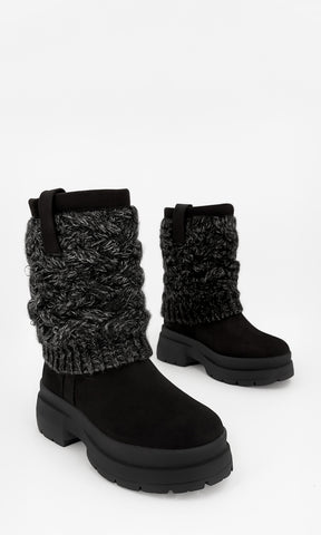 ASPEN BOTA NEGRA DE GAMUZA CON CAÑA TEJIDA Y SUELA GRUESA 4 CM TIPO TRACK ESTILO INVERNAL PARA MUJER