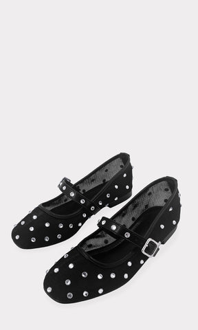 ATENEA FLATS NEGROS CONFECCIONADOS EN MESH CON DETALLES DE BRILLOS PLATEADOS EN STRAP SOBRE EL EMPEINE PARA CHICA