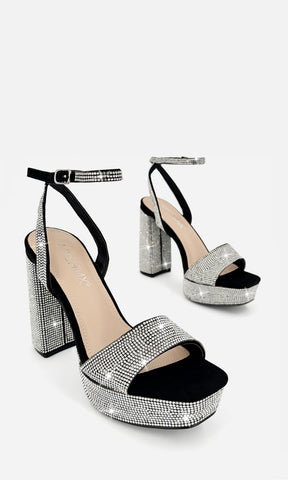 BARBARA ZAPATILLAS NEGRAS DE NUBOCK CON BRILLOS EN STRAP ANCHO ARRIBA DE LOS DEDOS CON PLATAFORMA 3 CM Y TACÓN GRUESO DE 11.5 CM PARA MUJER