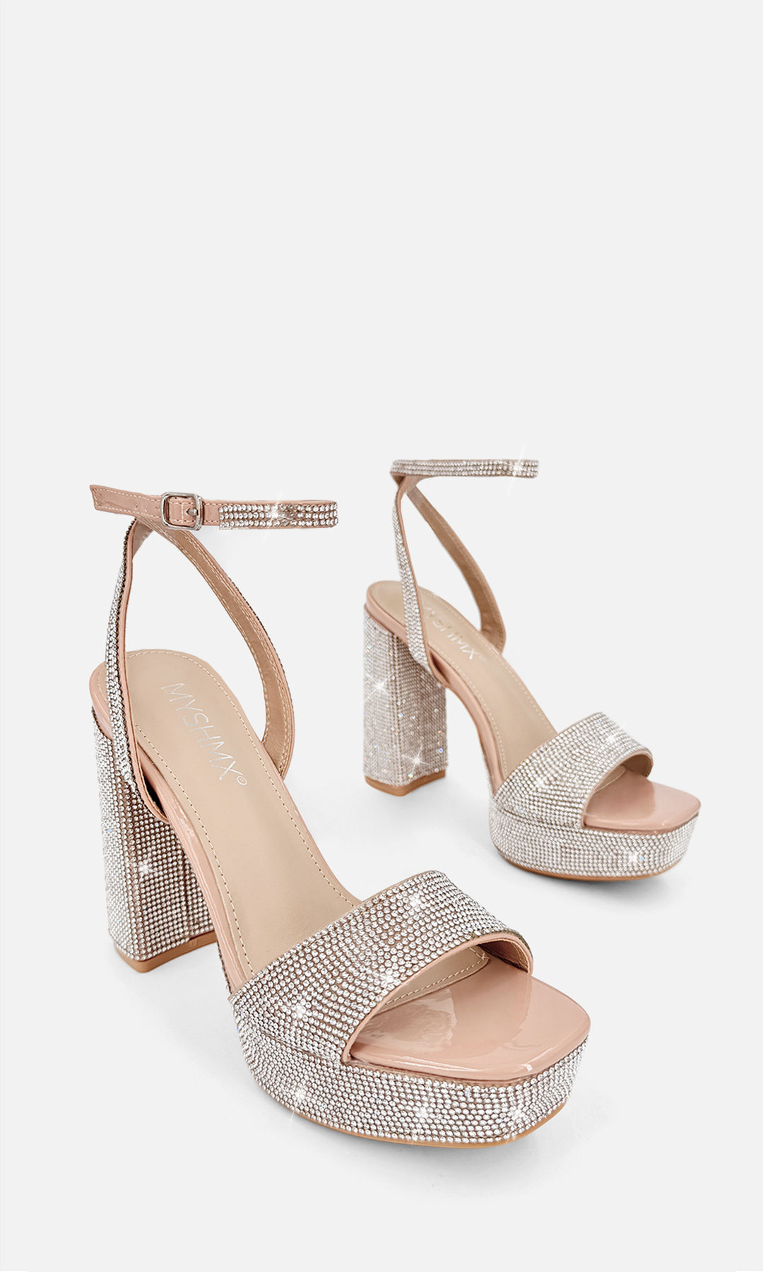 BARBARA ZAPATILLAS NUDE CONFECCIONADAS EN CHAROL CON BRILLOS EN PLATAFORMA DE 3 CM Y TACÓN ALTO DE 11.5 CM CON STRAP ARRIBA DE LOS DEDOS