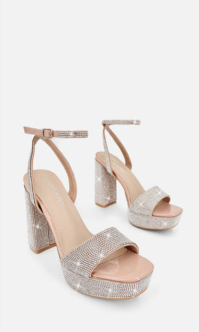 BARBARA ZAPATILLAS NUDE CONFECCIONADAS EN CHAROL CON BRILLOS EN PLATAFORMA DE 3 CM Y TACÓN ALTO DE 11.5 CM CON STRAP ARRIBA DE LOS DEDOS