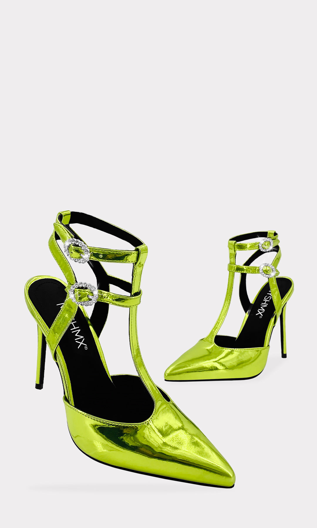 BARBIE HEELS DE CHAROL METALICO COLOR VERDE CON DOS HEBILLAS REDONDAS DE BRILLOS Y TALON DESCUBIERTO