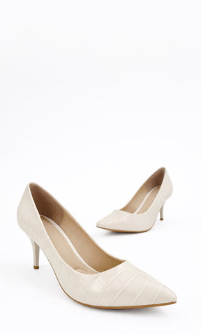  BELIANNE STILETTO BLANCO VINIPIEL TEXTURIZADA EFECTO CROC TACÓN 7.5 CM PUNTA ESTILIZADA PROPUESTA VERSÁTIL PARA MUJER Y OCASIONES ESPECIALES