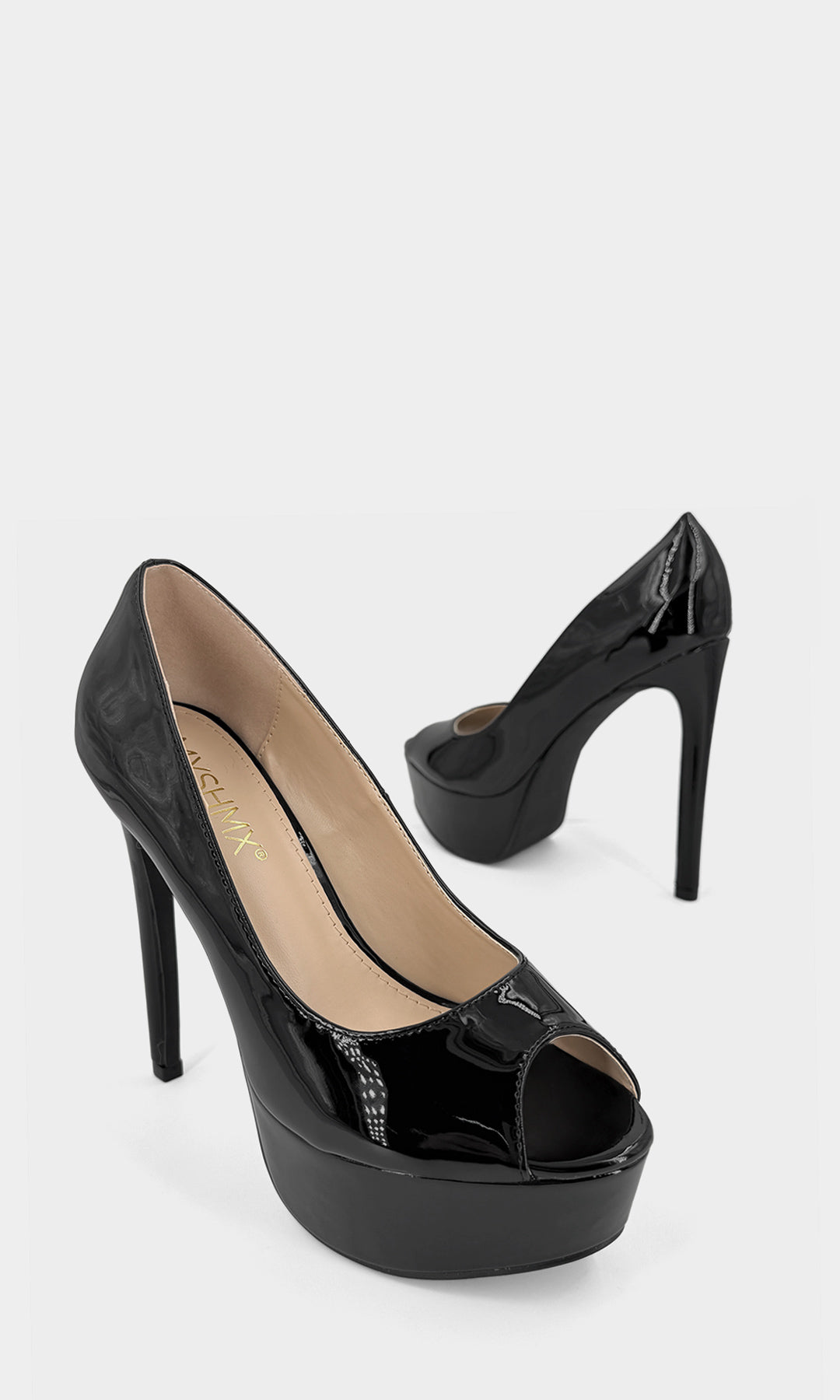 BETTY ZAPATILLAS NEGRAS PEEP TOE DE CHAROL CON PLATAFORMA 4 CM Y TACON DELGADO DE AGUJA 13.5 CM CON TALON CUBIERTO PARA MUJER 