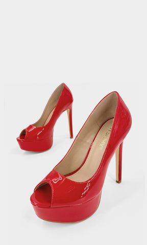 BETTY ZAPATILLAS ROJAS PEEP TOE CONFECCIONADAS EN CHAROL CON PLATAFORMA 4 CM Y TACON ALTO DE AGUJA 13.5 CM PARA DAMA