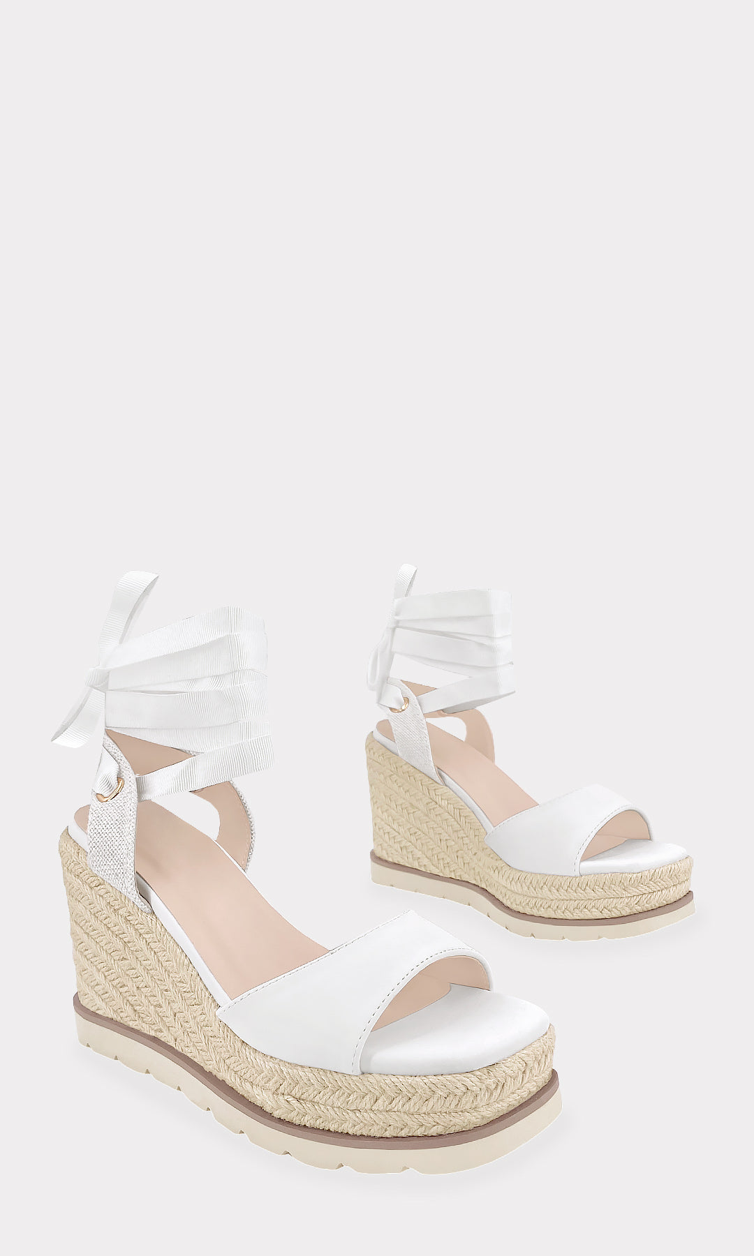 BRISSIA ALPARGATAS BLANCAS CON LACE-UP HECHO EN TELA TEXTIL CON TACON DE YUTE Y PUNTA ABIERTA CONFECCIONADOS EN NUBOCK PARA MUJER FASHION