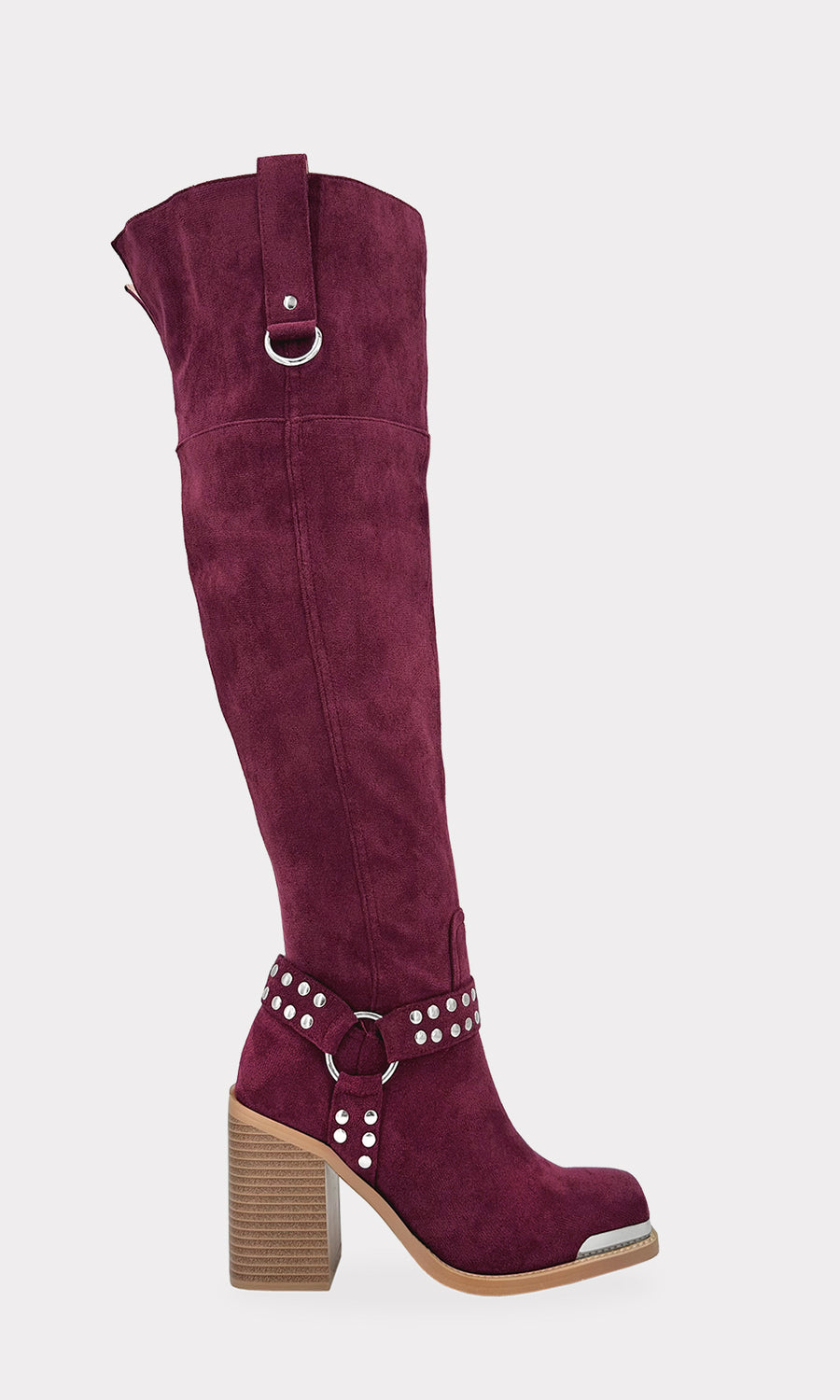 BUFFALO COMO COMBINAR BOTAS BIKER ALTAS COLOR VINO DE TACON CUADRADO CON FALDA CORTA DE CUADROS Y BLUSA CAFE DE MANGA LARGA