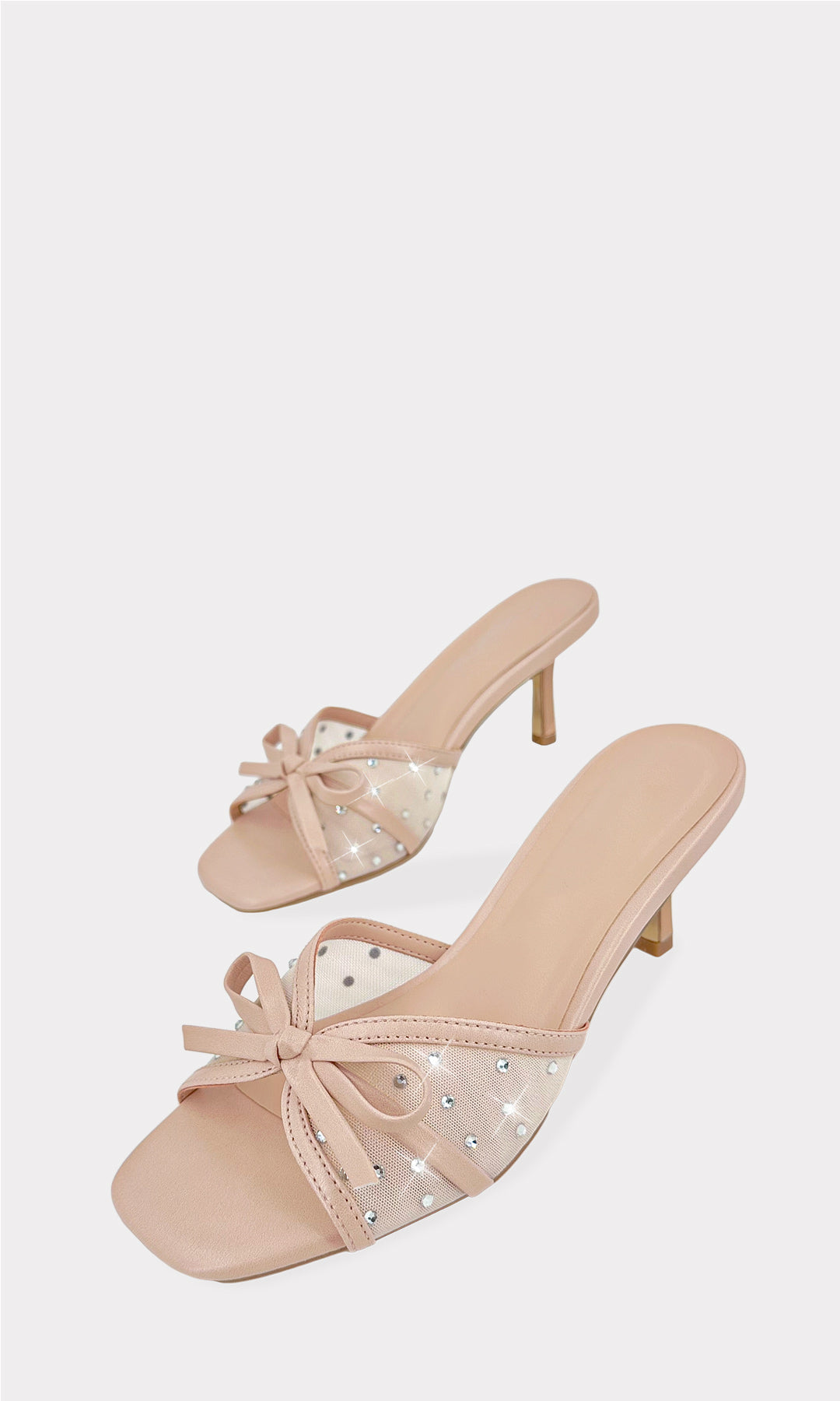 CAMELIA MULES NUDE ABIERTAS DE PUNTA CUADRADA CON DETALLE DE LAZO EN CORREA ANCHA ARRIBA DE LOS DEDOS Y BRILLOS PARA MUJER DE TACON KITTEN