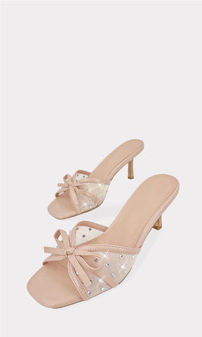CAMELIA MULES NUDE ABIERTAS DE PUNTA CUADRADA CON DETALLE DE LAZO EN CORREA ANCHA ARRIBA DE LOS DEDOS Y BRILLOS PARA MUJER DE TACON KITTEN