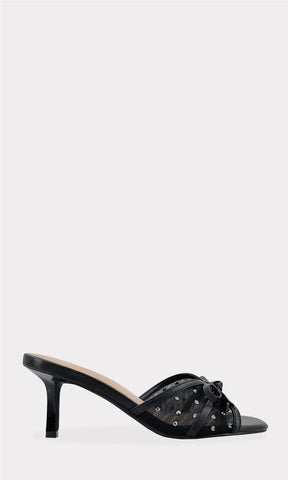 CAMELIA ZAPATOS MULES DE PUNTA CUADRADA ABIERTA CON MOÑO Y BRILLOS EN CORREA ANCHA ARRIBA DE LOS DEDOS CON TACON DE AGUJA
