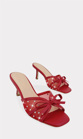 CAMELIA SANDALIAS ROJAS DE VINIPIEL CON DETALLES DE MESH EN STRAP AL FRENTE Y TACON DE 7 CM PARA DAMA CON PUNTA CUADRADA ABIERTA