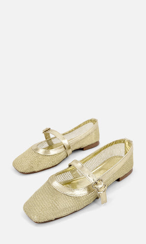 CELINA FLATS METÁLICOS DE ESTILO MARY JANE COLOR DORADO PUNTA CUADRADA CONFECCIONADOS EN VINIPIEL CON DETALLES DE RED PARA MUJER