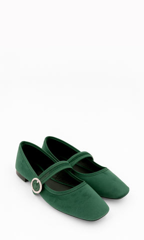 CHAI ZAPATO VERDE MARY JANE VELVET MUJER PUNTA CUADRADA CON CORREA Y HEBILLA TACÓN PLANO 1 CM