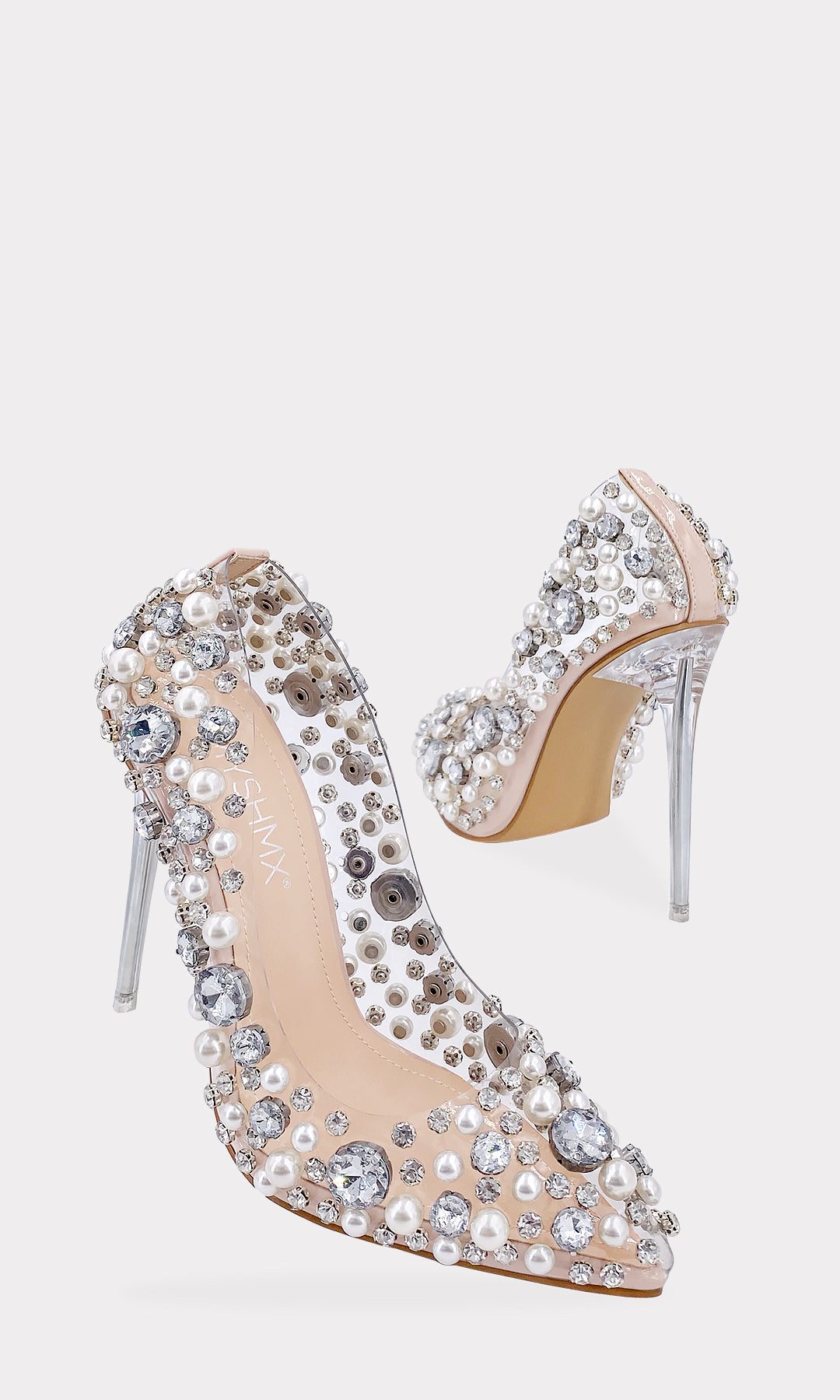 CHAMPAGNE STILETTOS NUDE DE MICA TRANSPARENTE CON TACON DE 11.5 CM CONFECCIONADO EN ACRILICO CON PERLAS Y PEDRERIA