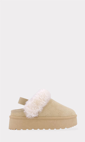 CLAIRE PANTUFLAS TIPO UGG DE PLATAFORMA REDONDA CON CINTA GRUESA EN TALON PARA USAR EN LOOK COZY PARA MUJER