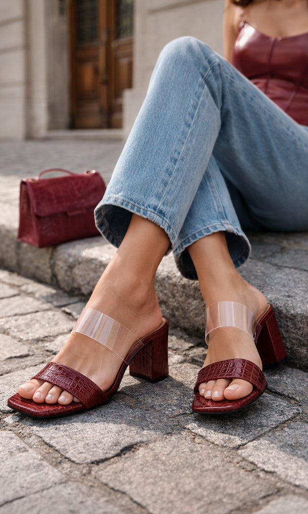 CLEO LOOK CASUAL-CHIC COMBINANDO ZAPATILLAS COLOR ROJO VINO CON PANTALON DE MEZCLILLA Y BUSTIER A JUEGO CON CARTERA CROC DE MANO