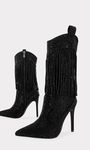 DALLAS BOTAS VAQUERAS NEGRAS CUBIERTAS DE BRILLOS AL TONO CON CIERRE AL COSTADO Y FLECOS QUE SE MUEVEN AL CAMINAR PARA MUJER FASHION