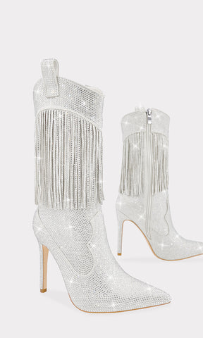 DALLAS BOTAS VAQUERAS PLATA CUBIERTAS DE BRILLOS CON TERMINACION PUNTIAGUDA PARA ESTILIZAR LAS PIERNAS Y TACON DELGADO DE 11 CM CHICA