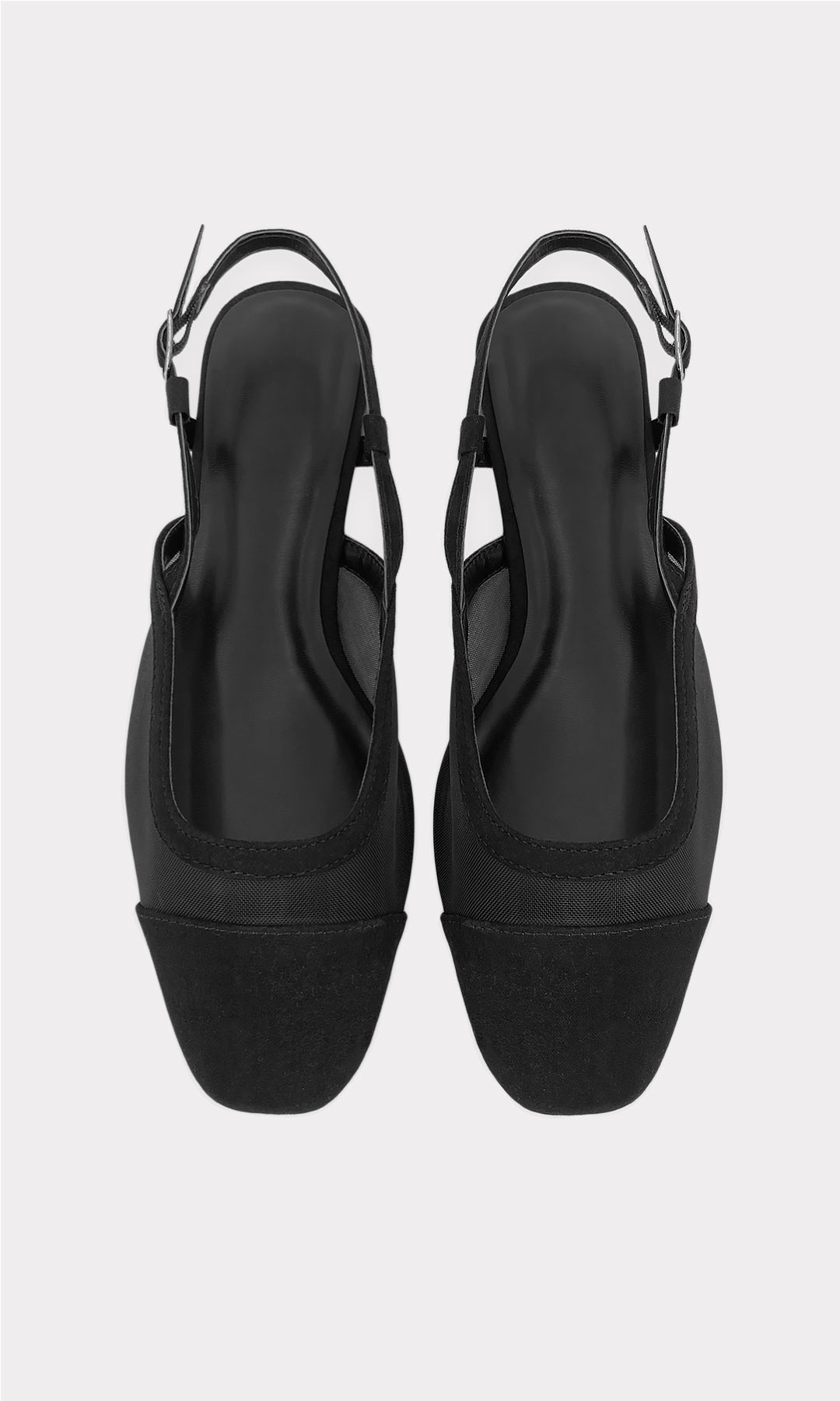DORIAN FLATS DESTALONADOS CON HEBILLA METALICA EN CINTA TALONERA AJUSTABLE Y PUNTA SEMI CUADRADA PARA USAR CON VESTIDO MIDI