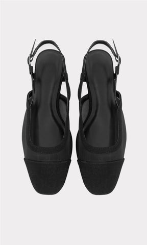 DORIAN FLATS DESTALONADOS CON HEBILLA METALICA EN CINTA TALONERA AJUSTABLE Y PUNTA SEMI CUADRADA PARA USAR CON VESTIDO MIDI