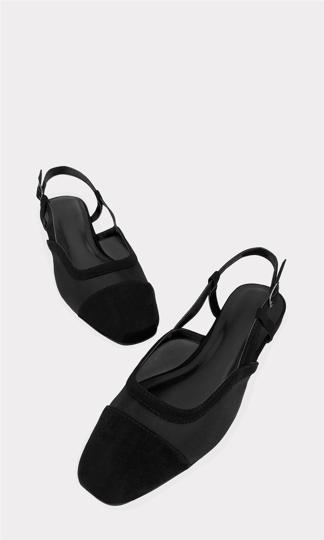 DORIAN ZAPATOS PLANOS NEGROS CON TACON DE 1 CM  CON DETALLE DE MESH AL FRENTE DE TERMINACION CUADRADA CONFECCIONADOS EN GAMUZA PARA DAMA