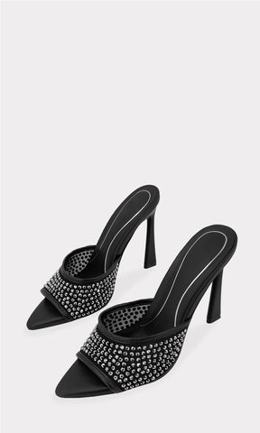 ELAN TACONES NEGROS DE VINIPIEL CON MESH EN CORREA ANCHA ARRIBA DE LOS DEDOS TIPO MULES DE TERMINACION PUNTIAGUDA PARA MUJER