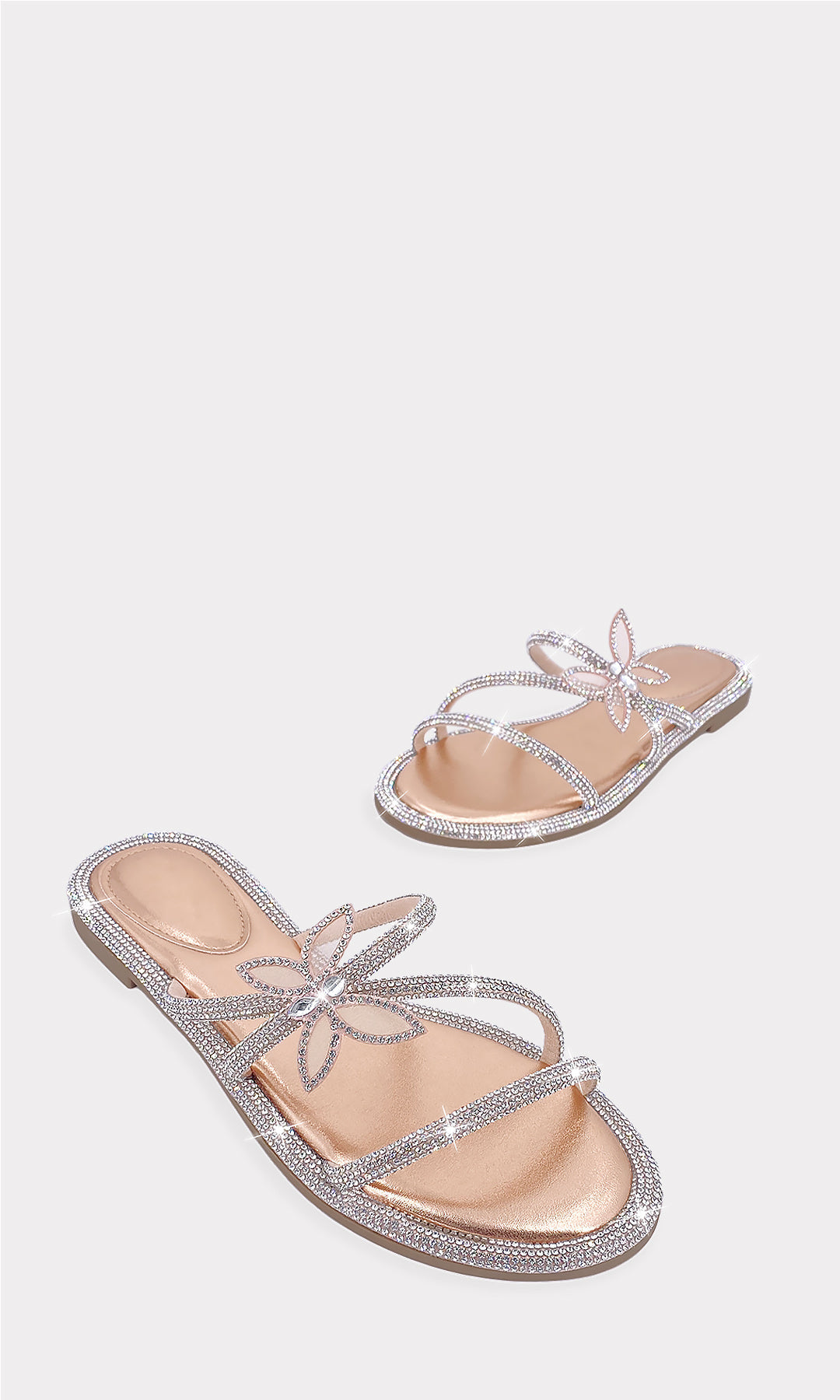 ELARA SANDALIAS ORO ROSADO DE VINIPIEL METALICA CONFECIONADA CON BRILLOS Y DETALLE DE MARIPOSA MESH EN STRAP SOBRE EL EMPEINE PARA LA PLAYA 