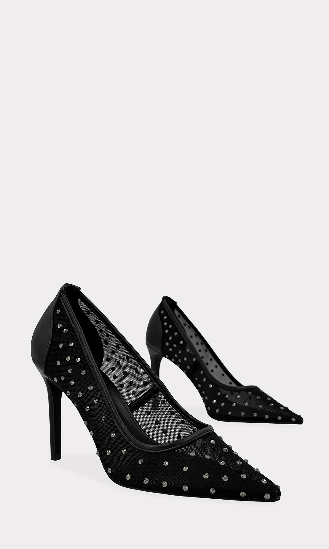 ELEANOR STILETTOS NEGROS CONFECCIONADOS EN MESH CON CUERO SINTETICO EN EL TALON Y BRILLOS PLATEADOS CON TACON DELGADO DE 9.5 CM PARA MUJER