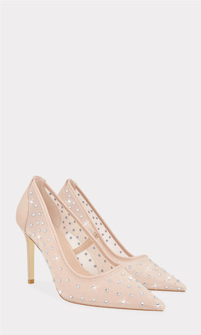 ELEANOR ZAPATILLAS CERRADAS COLOR NUDE CON ACABADO DE MESH Y CUERO SINTETICO EN TACON DE AGUJA CON BRILLOS PLATEADOS ALREDEDOR PARA CHICA