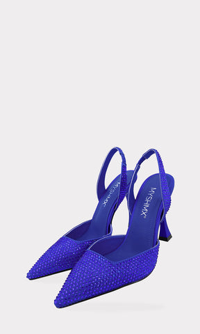 ELEGANT HEELS DE SATIN COLOR AZUL CON BRILLOS AL TONO Y TALON DESCUBIERTO PARA MUJER