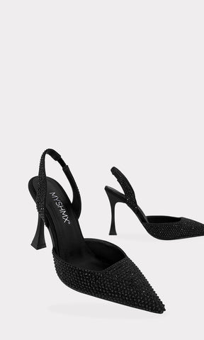 ELEGANT ZAPATILLAS DESTALONADAS DE SATIN NEGRO CON STRAP PARA MAYOR AJUSTE Y PUNTA POINTY 