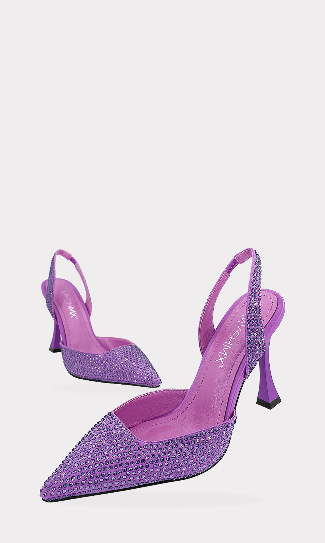 ELEGANT ZAPATOS DE TACON DELGADO DE 10 CM HECHOS DE SATIN MORADO Y TAPIZADOS DE BRILLOS AL TONO