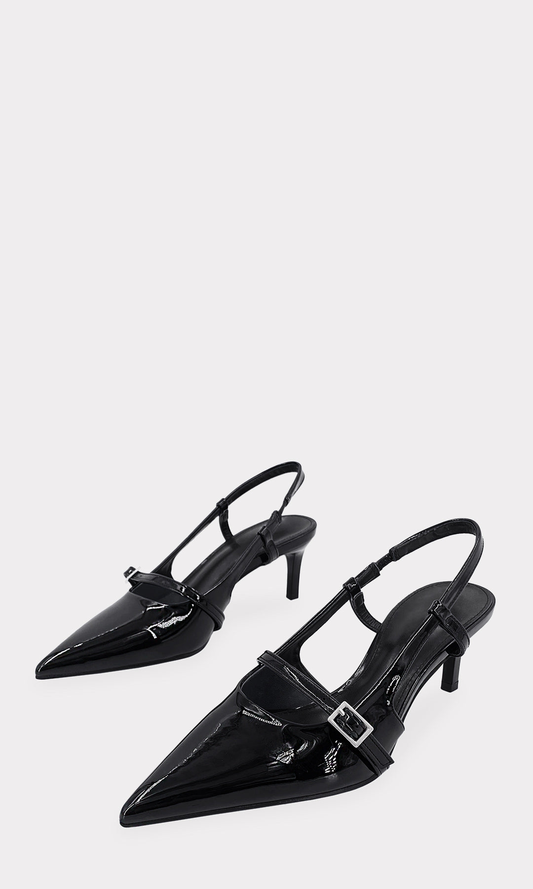ELEXIA ZAPATILLAS NEGRAS SLINGBACK DE CHAROL ELEGANTES PARA MUJER DE TERMINACION PUNTIAGUDA CON TACON KITTEN DE 6 CM Y HEBILLA PEQUEÑA AL FRENTE