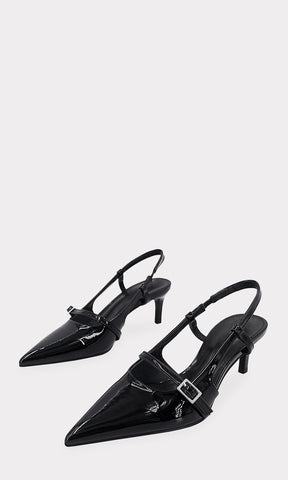 ELEXIA ZAPATILLAS NEGRAS SLINGBACK DE CHAROL ELEGANTES PARA MUJER DE TERMINACION PUNTIAGUDA CON TACON KITTEN DE 6 CM Y HEBILLA PEQUEÑA AL FRENTE