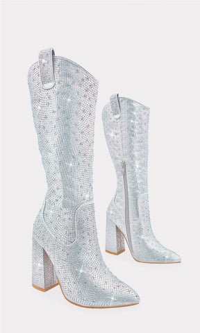 ELOISE BOTA ABAJO DE LA RODILLA PLATEADA CON TACON CUADRADO ALTO DE 10 CM CONFECCIONADA DE BRILLOS TERMINACION POINTY Y CIERRE AL COSTADO MUJER